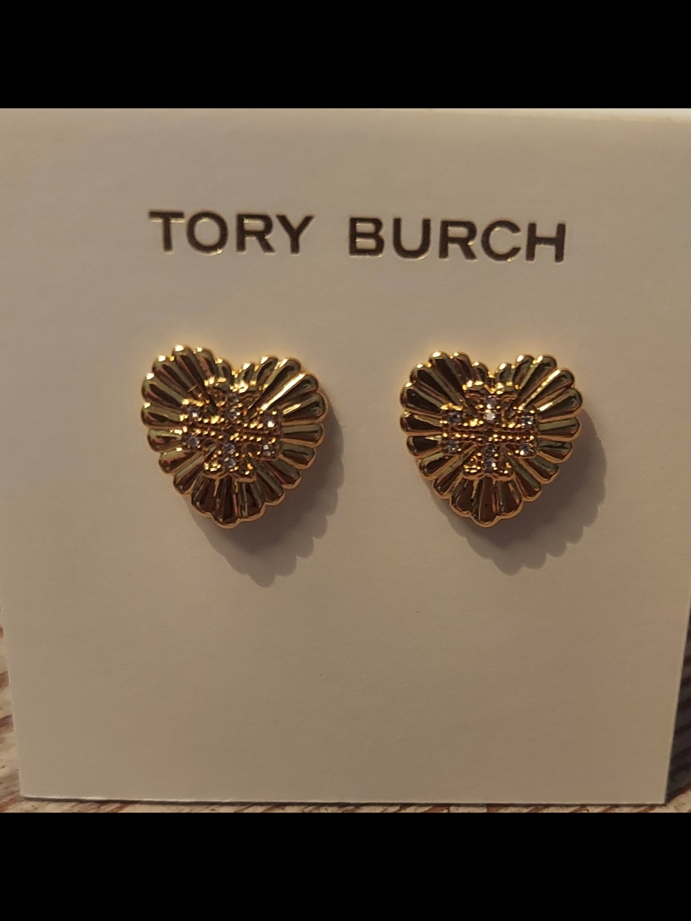 Tory Burch Gold Heart Floral Stud Earrings with Crystal Center